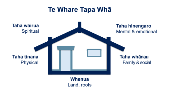 A diagram of a wharenui with 5 labels: Taha wairua (Spiritual), Taha tinana (Physical), Taha hinengaro (Mental & Emotional), Taha whānau (Family & Social), Whenua (Land, roots)